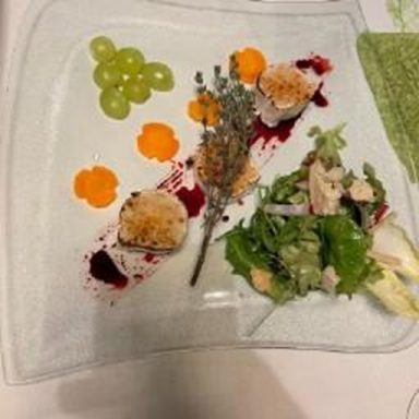 Gourmetplatte mit Scampi, Kräutern, Salat und bunten Gemüseelementen.